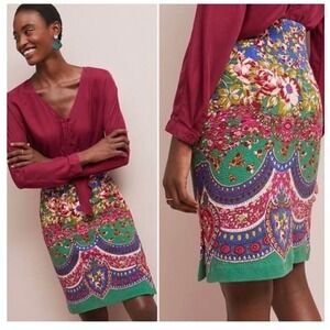 Anthropologie Maeve Skirt Sz 12 Multi Floral Pencil Textured Stretch Cottagecore